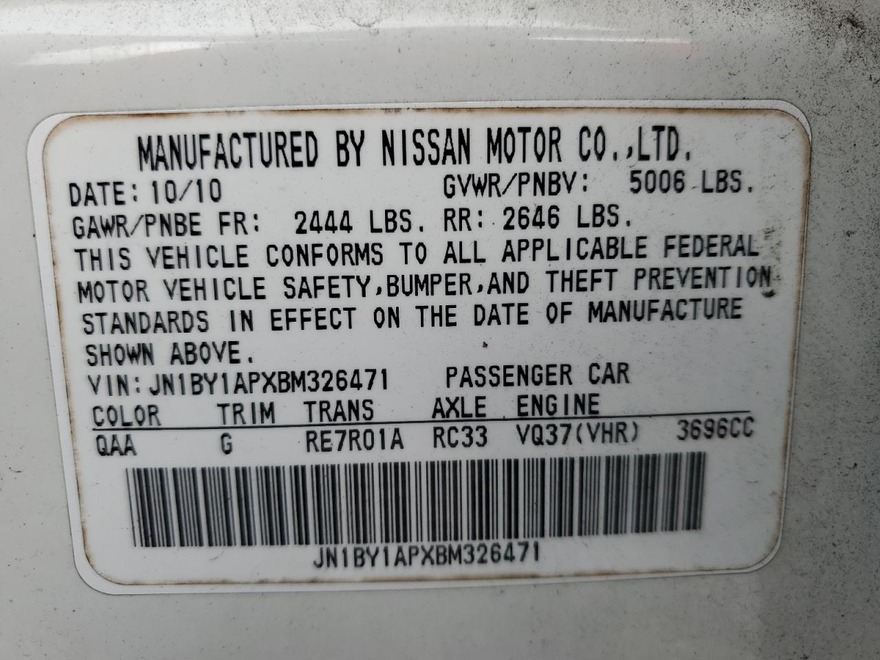 2011 Infiniti M37 VIN: JN1BY1APXBM326471 Lot: 63915415