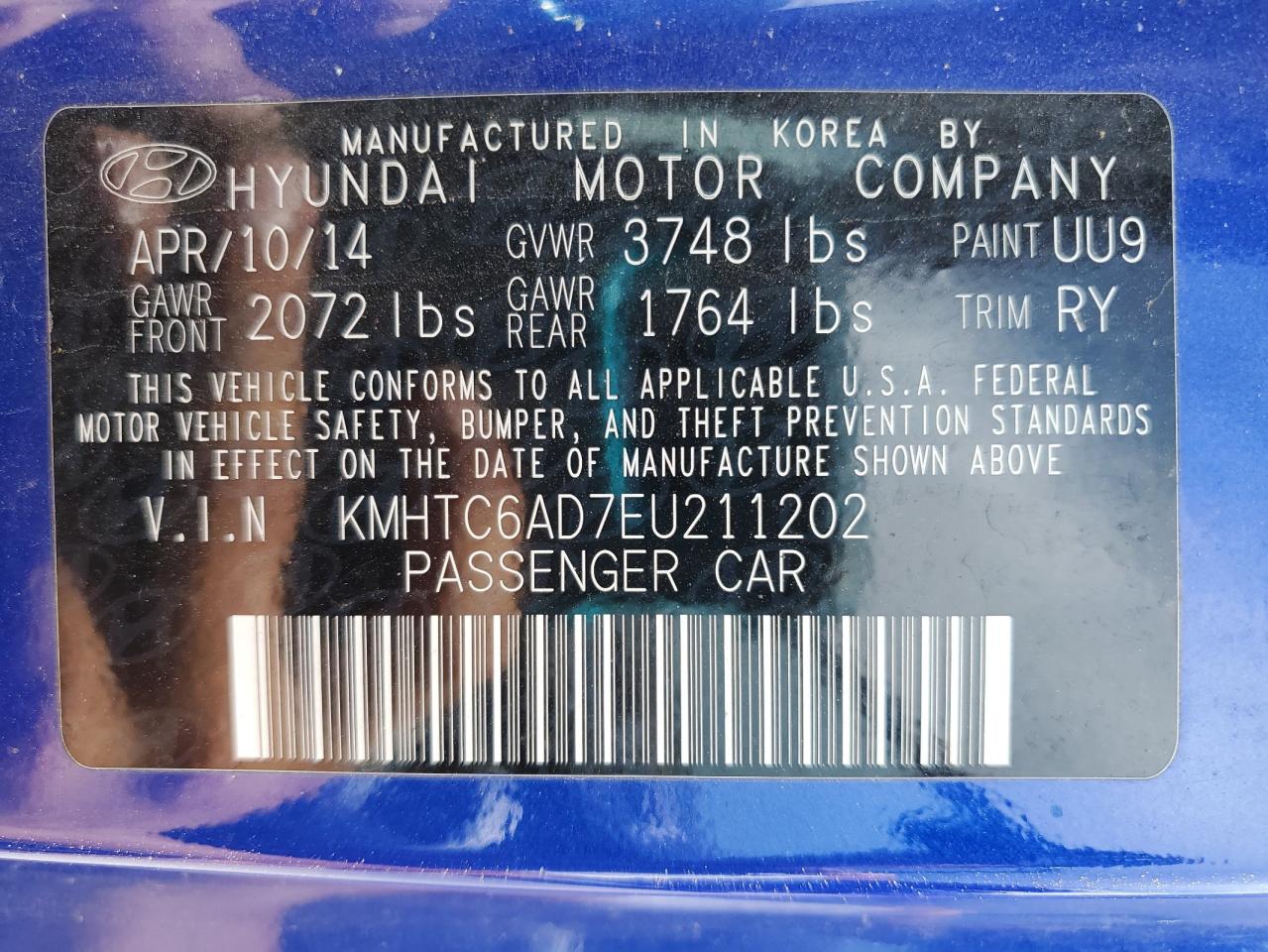 2014 Hyundai Veloster VIN: KMHTC6AD7EU211202 Lot: 63608225