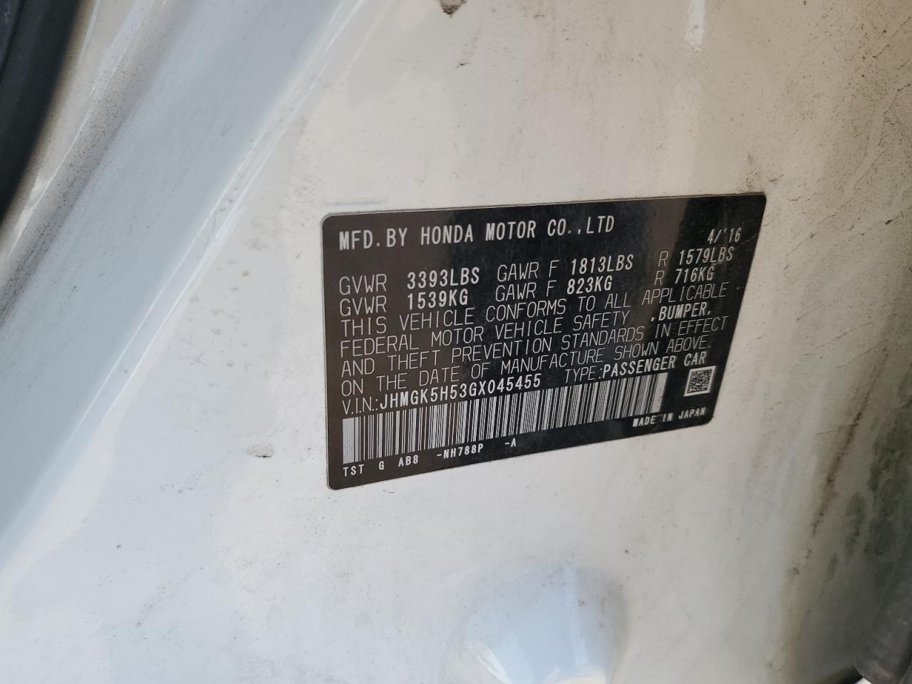 2016 Honda Fit Lx VIN: JHMGK5H53GX045455 Lot: 63463375