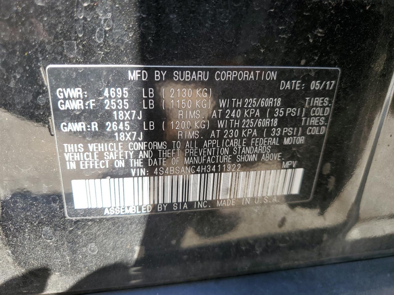 2017 Subaru Outback 2.5I Limited VIN: 4S4BSANC4H3411922 Lot: 64288535