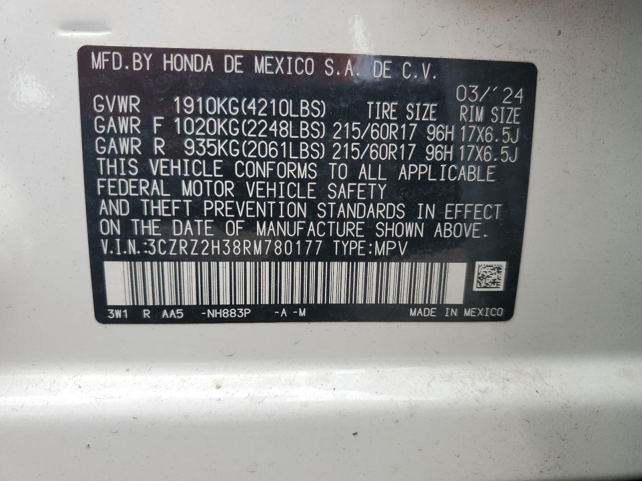 2024 Honda Hr-V Lx VIN: 3CZRZ2H38RM780177 Lot: 64213335