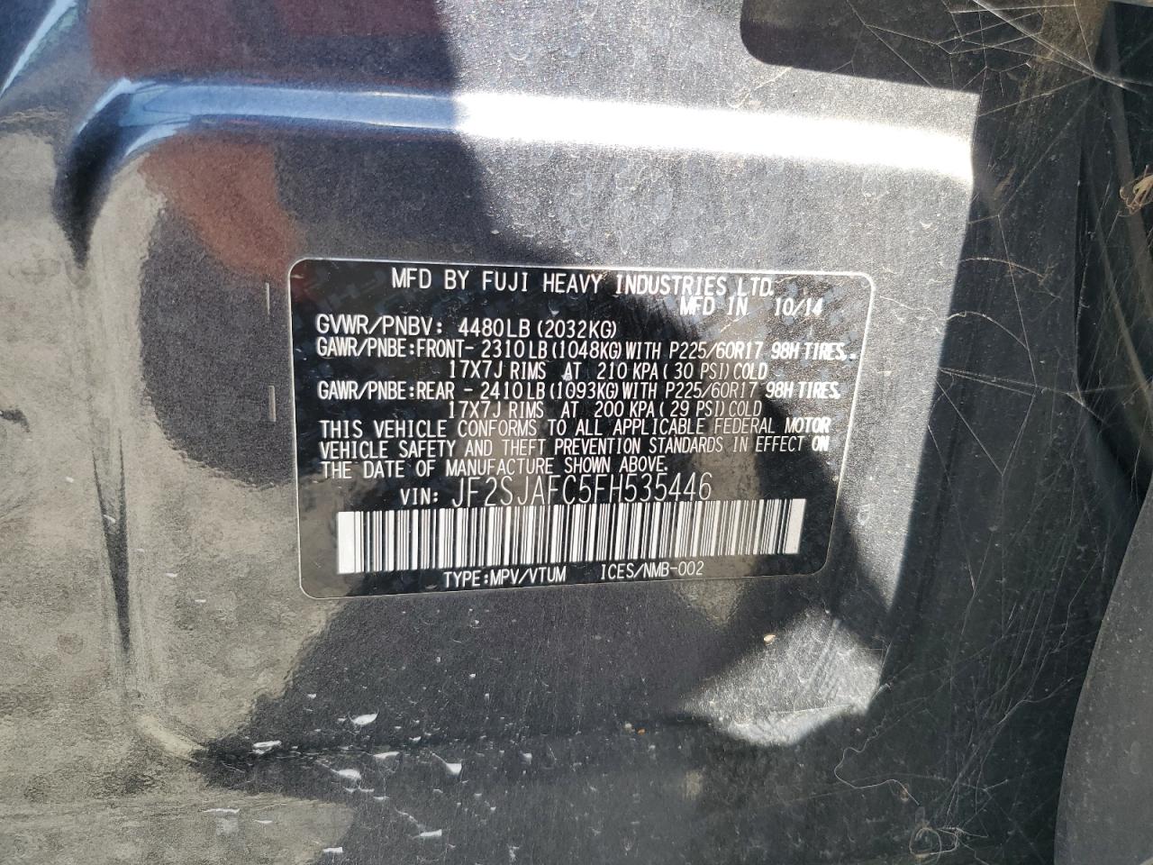 2015 Subaru Forester 2.5I Premium VIN: JF2SJAFC5FH535446 Lot: 64445455