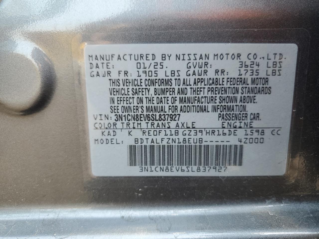 2025 Nissan Versa Sv VIN: 3N1CN8EV6SL837927 Lot: 65196295