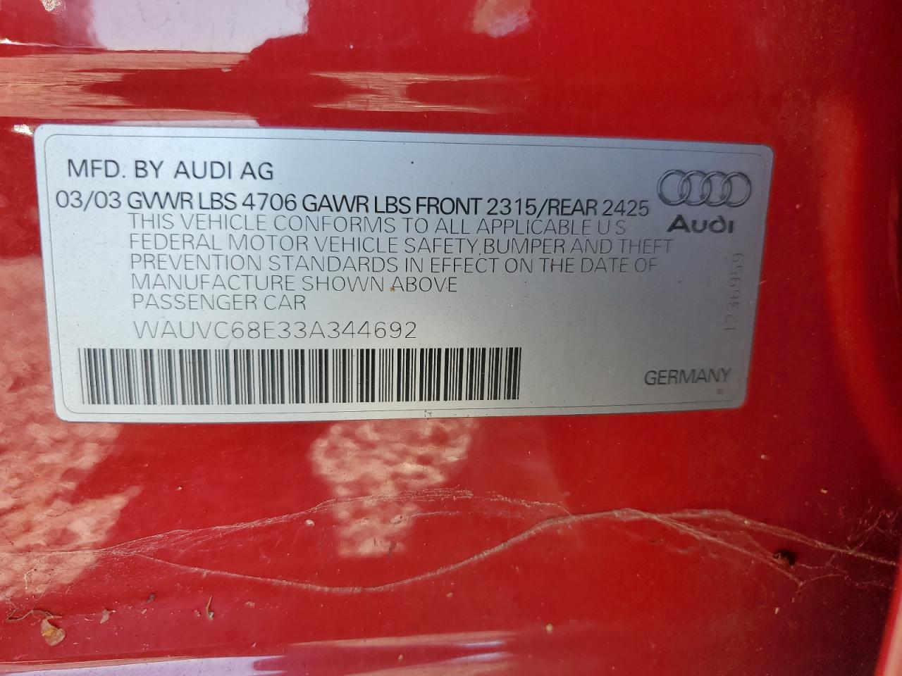 2003 Audi A4 1.8T Avant Quattro VIN: WAUVC68E33A344692 Lot: 63687585