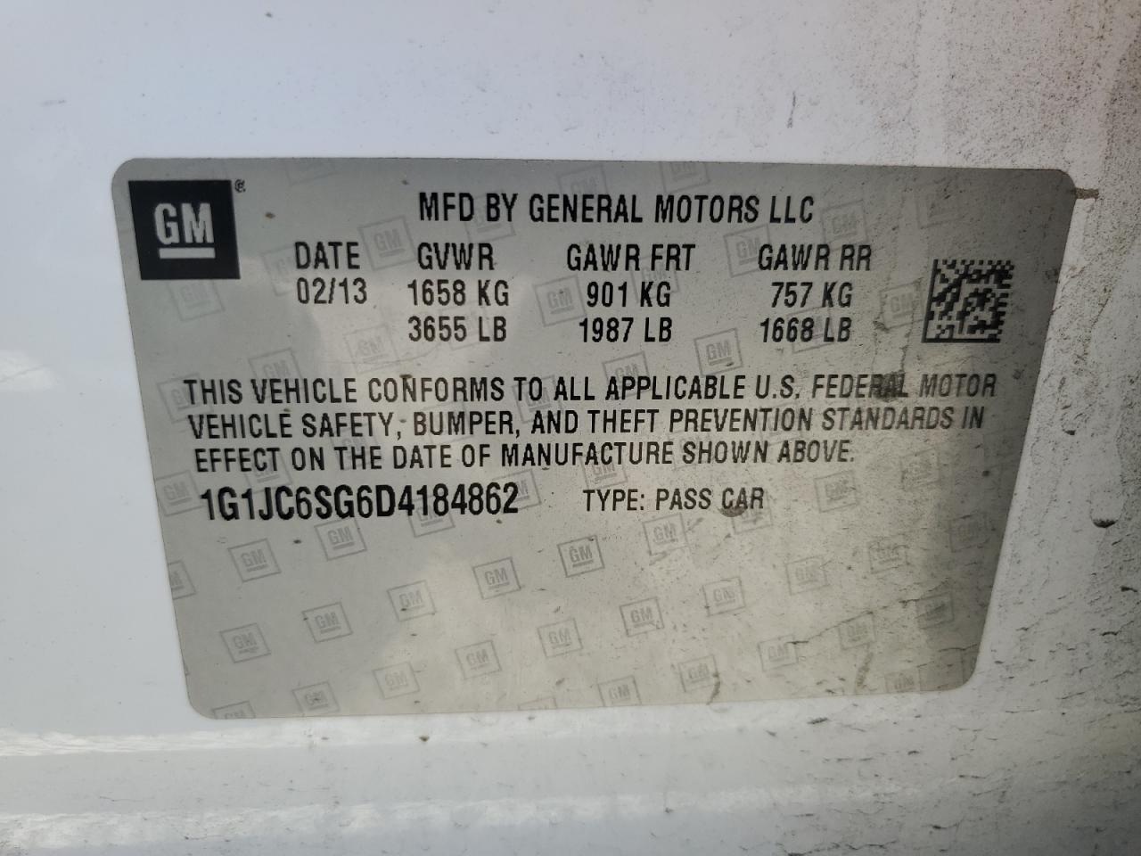 2013 Chevrolet Sonic Lt VIN: 1G1JC6SG6D4184862 Lot: 66742385