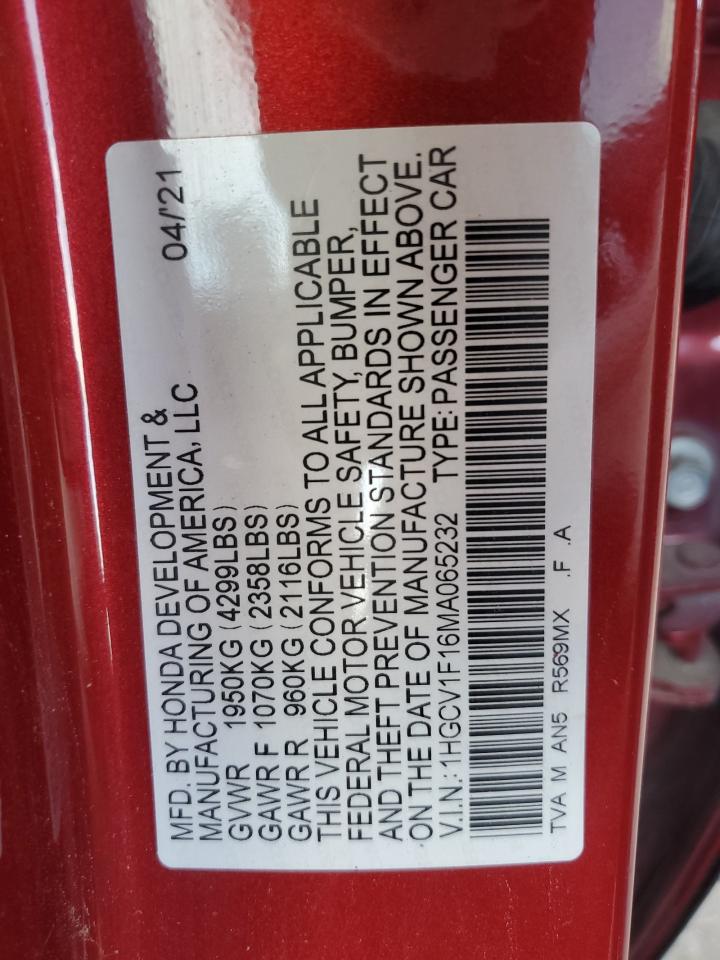 2021 Honda Accord Lx VIN: 1HGCV1F16MA065232 Lot: 62896195