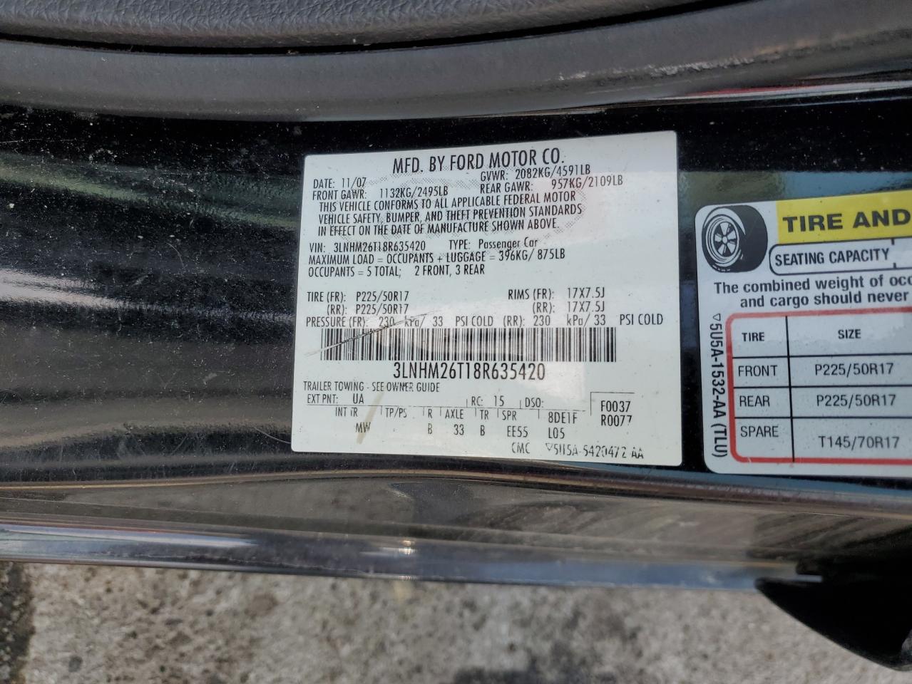 2008 Lincoln Mkz VIN: 3LNHM26T18R635420 Lot: 64274765