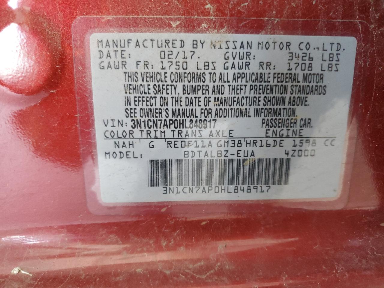 2017 Nissan Versa S VIN: 3N1CN7AP0HL848917 Lot: 64833485