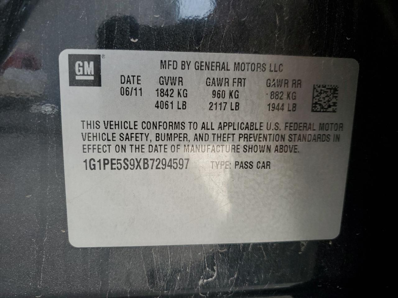 2011 Chevrolet Cruze Lt VIN: 1G1PE5S9XB7294597 Lot: 64805625