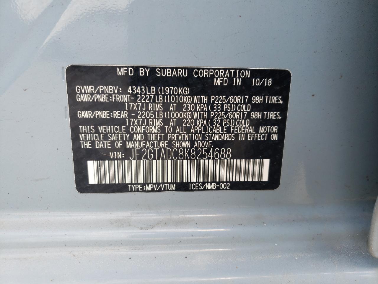 2019 Subaru Crosstrek Premium VIN: JF2GTADC8K8254688 Lot: 63453345