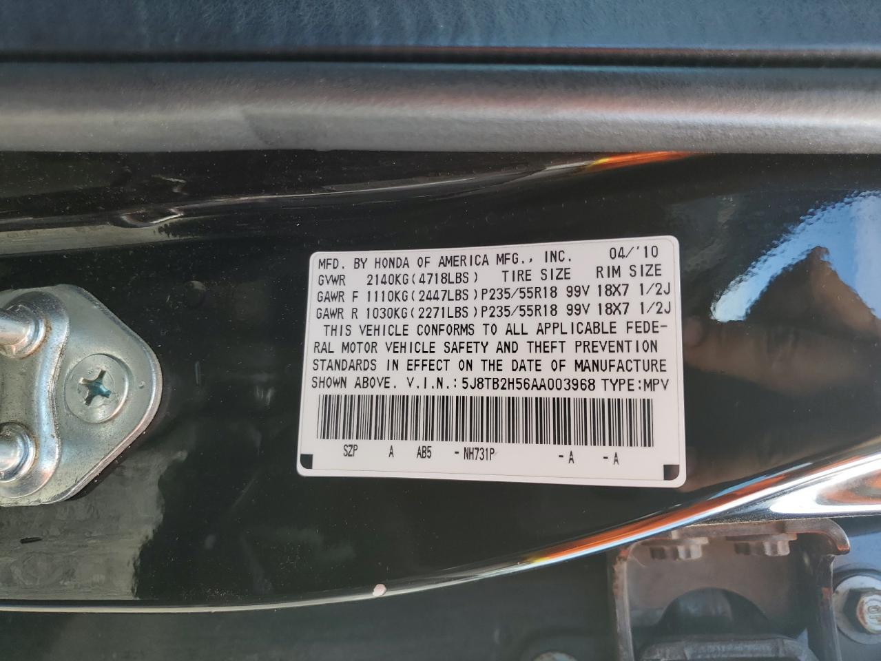 2010 Acura Rdx Technology VIN: 5J8TB2H56AA003968 Lot: 63876125
