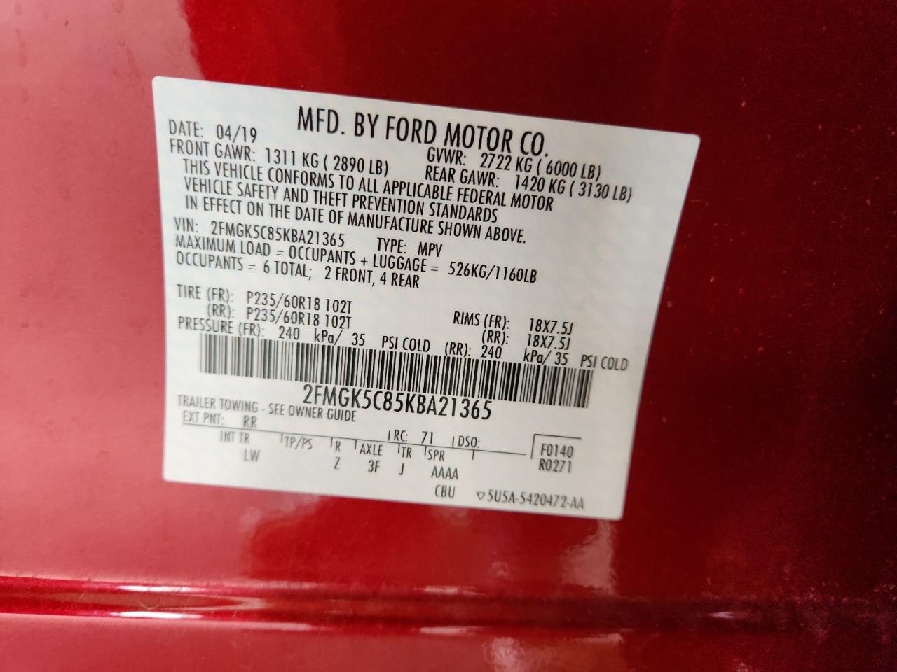 2019 Ford Flex Sel VIN: 2FMGK5C85KBA21365 Lot: 65526545