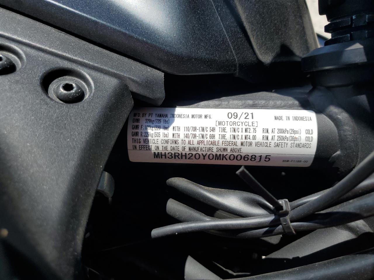 2021 Yamaha Mt-03 VIN: MH3RH20Y0MK006815 Lot: 65678865