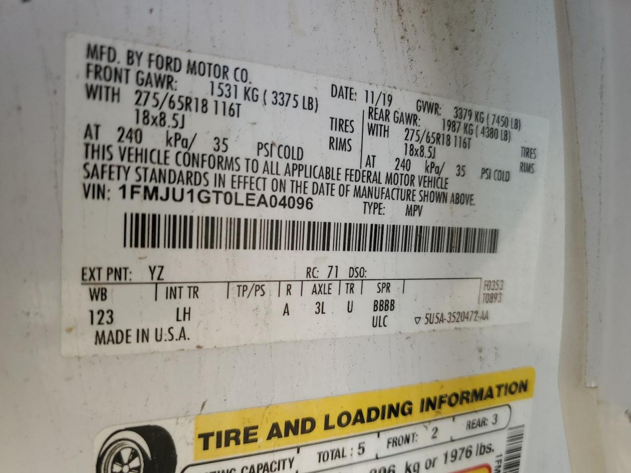 2020 Ford Expedition Xl VIN: 1FMJU1GT0LEA04096 Lot: 64584755