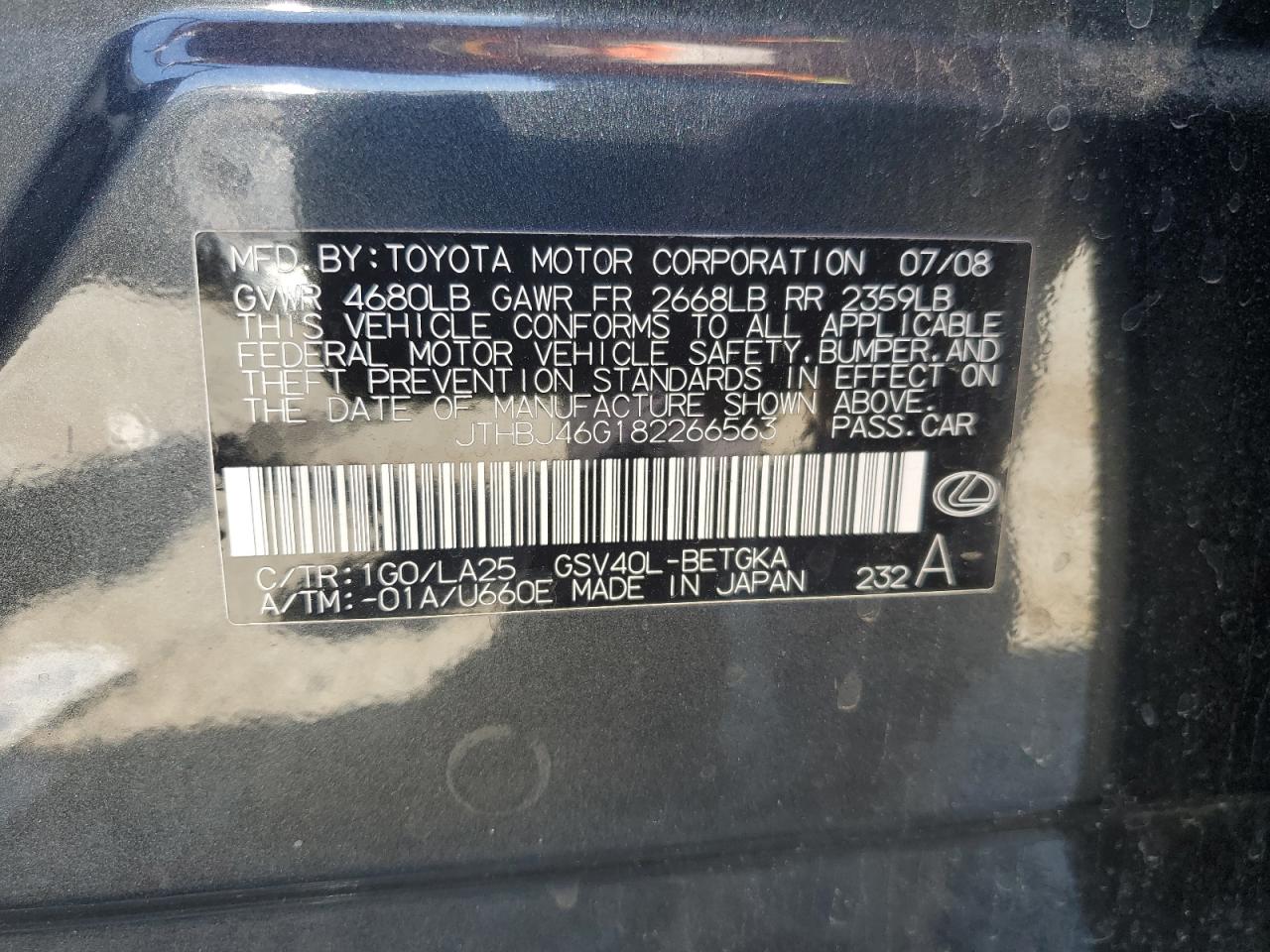 2008 Lexus Es 350 VIN: JTHBJ46G182266563 Lot: 65002605