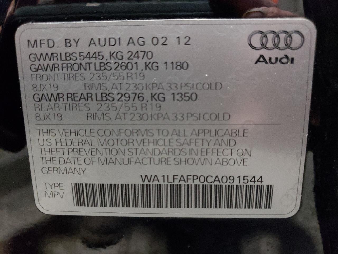 2012 Audi Q5 Premium Plus VIN: WA1LFAFP0CA091544 Lot: 63123635