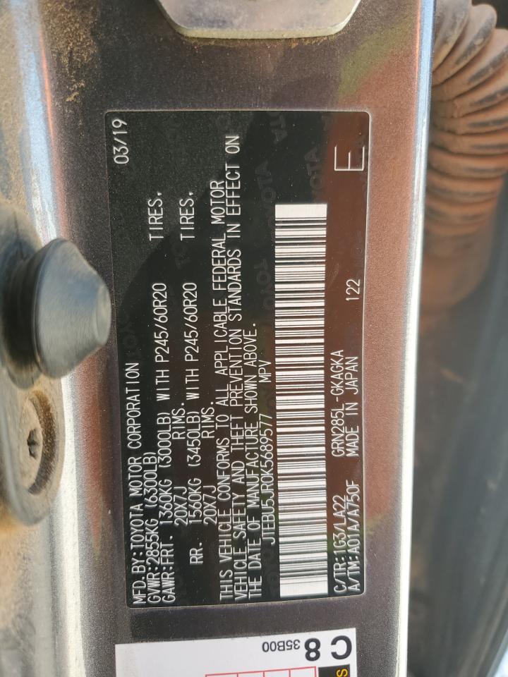 2019 Toyota 4Runner Sr5/Sr5 Premium VIN: JTEBU5JR0K5689577 Lot: 64607865