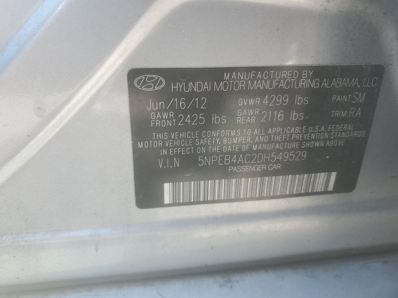 2013 Hyundai Sonata Gls VIN: 5NPEB4AC2DH549529 Lot: 58000535