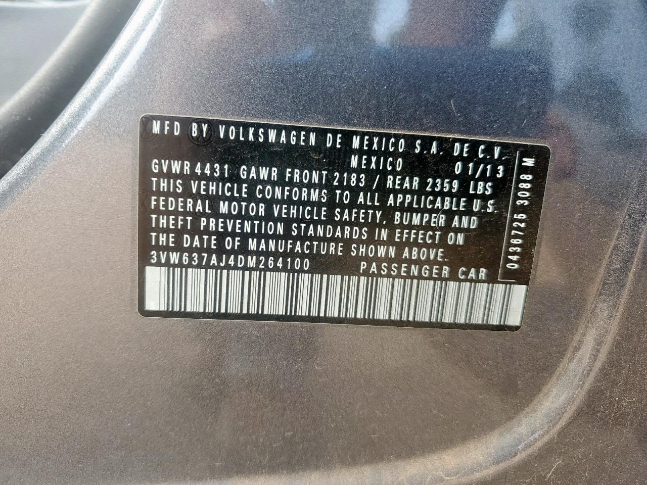 2013 Volkswagen Jetta Hybrid VIN: 3VW637AJ4DM264100 Lot: 65293235