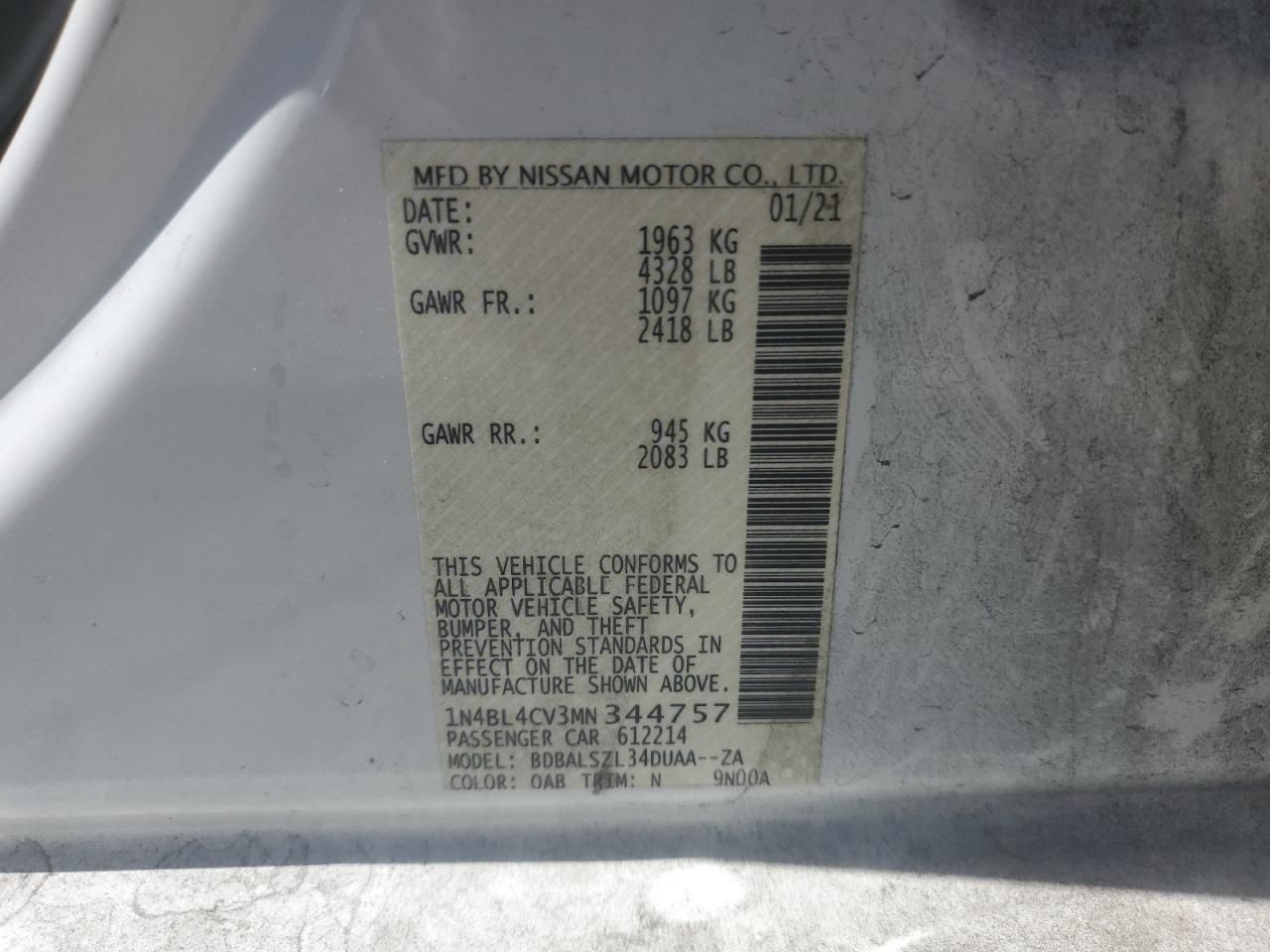 2021 Nissan Altima Sr VIN: 1N4BL4CV3MN344757 Lot: 64463265