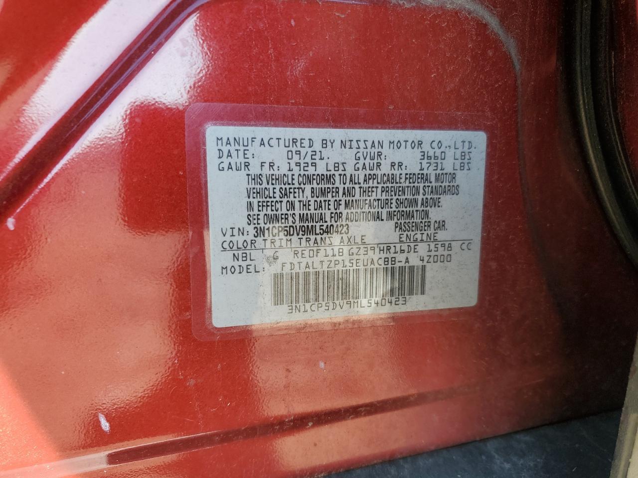 2021 Nissan Kicks Sr VIN: 3N1CP5DV9ML540423 Lot: 66643335