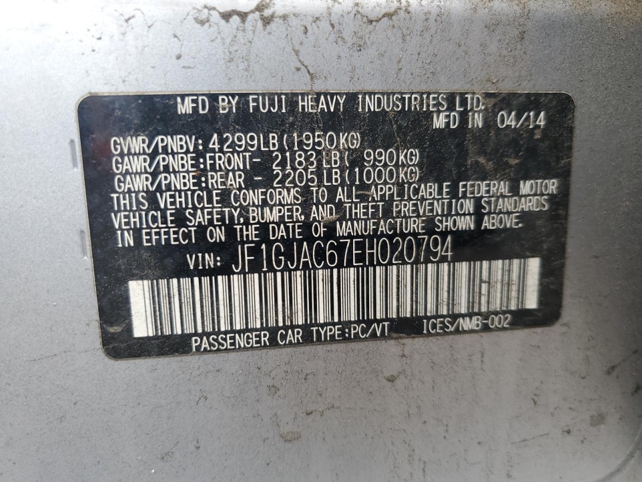 2014 Subaru Impreza Premium VIN: JF1GJAC67EH020794 Lot: 64436205