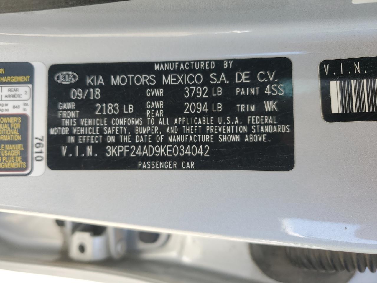 2019 Kia Forte Fe VIN: 3KPF24AD9KE034042 Lot: 66372365