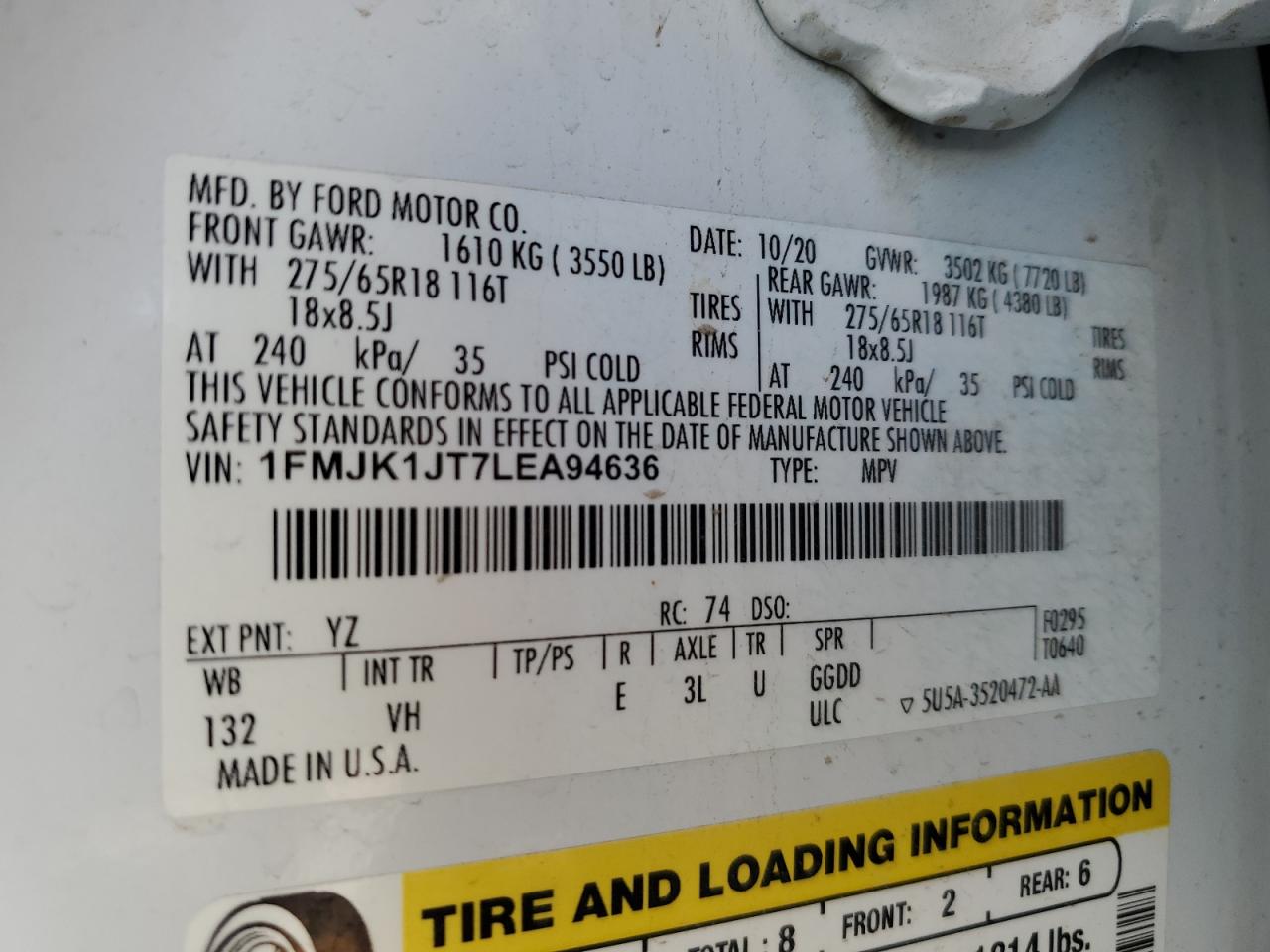 2020 Ford Expedition Max Xlt VIN: 1FMJK1JT7LEA94636 Lot: 64867335