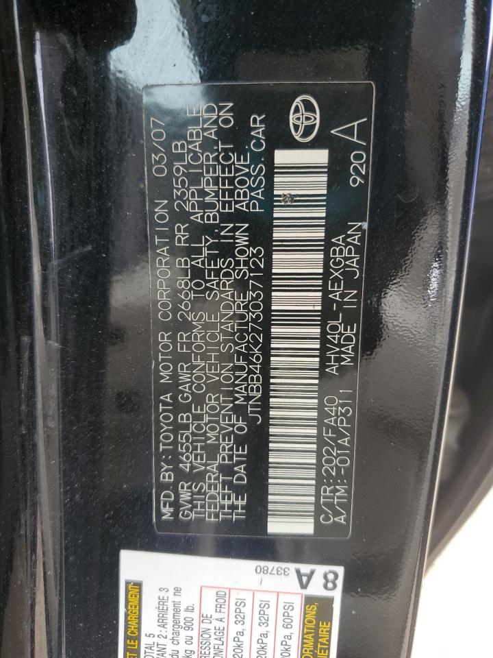 2007 Toyota Camry Hybrid VIN: JTNBB46K273037123 Lot: 66493975