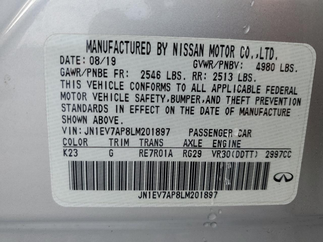 2020 Infiniti Q50 Pure VIN: JN1EV7AP8LM201897 Lot: 64311295