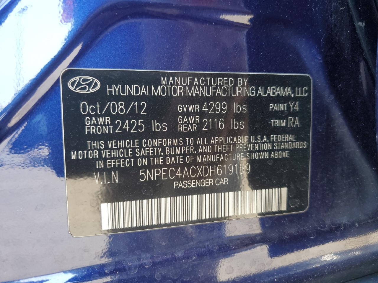 2013 Hyundai Sonata Se VIN: 5NPEC4ACXDH619159 Lot: 63371295