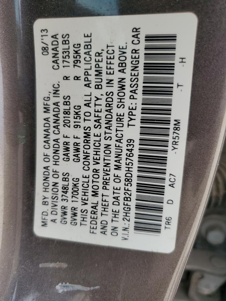 2013 Honda Civic Lx VIN: 2HGFB2F58DH576439 Lot: 64823295