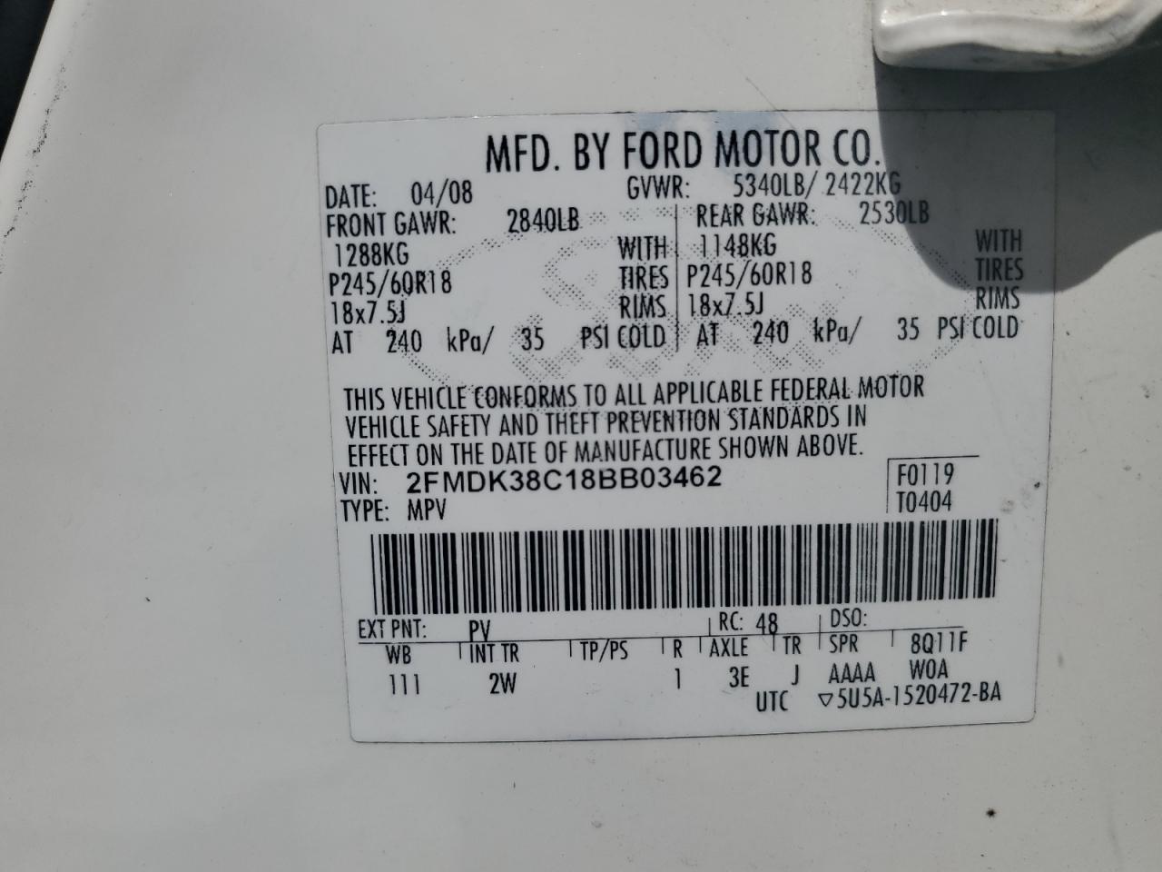 2008 Ford Edge Sel VIN: 2FMDK38C18BB03462 Lot: 65049275