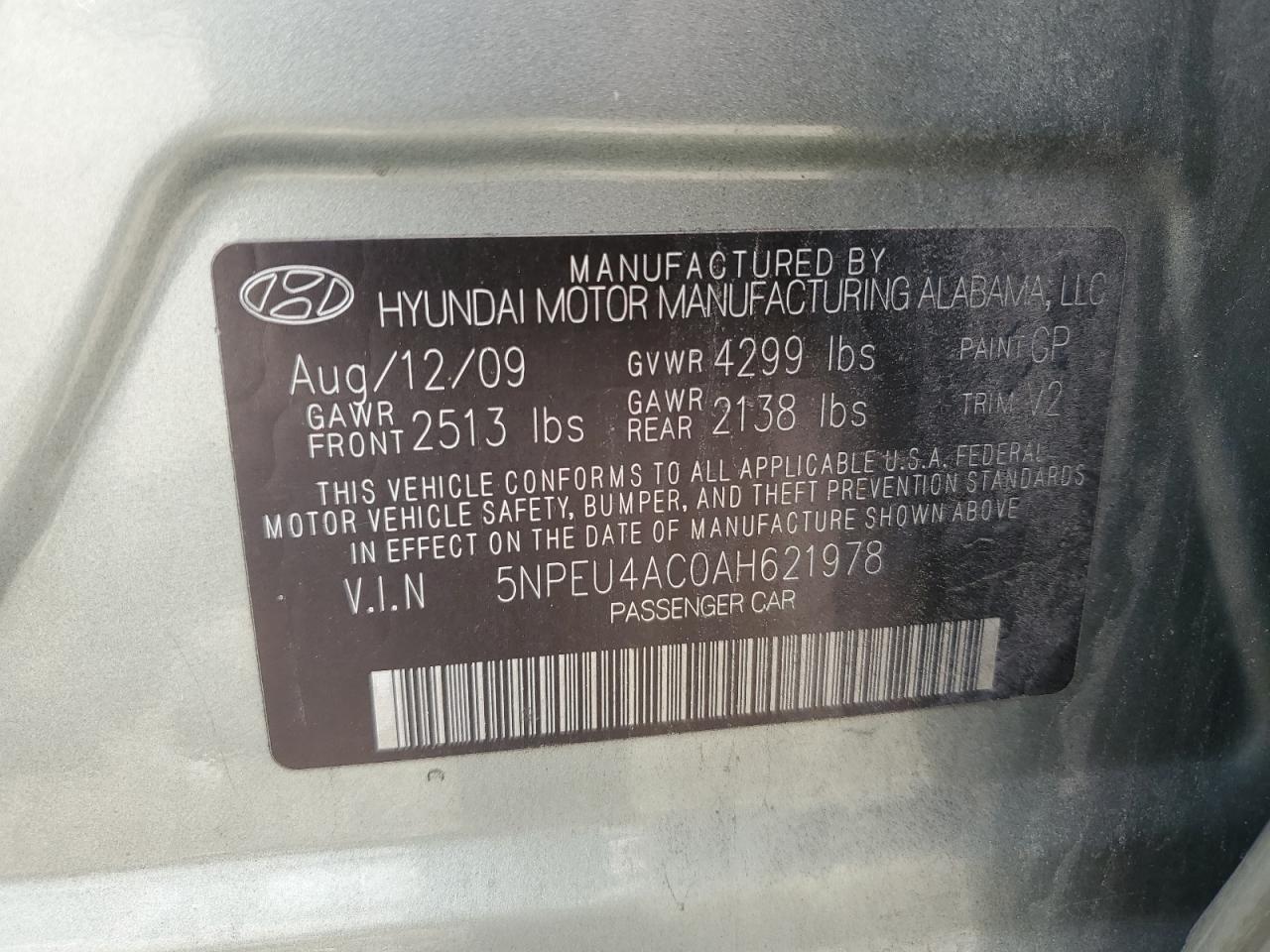 2010 Hyundai Sonata Se VIN: 5NPEU4AC0AH621978 Lot: 65407665
