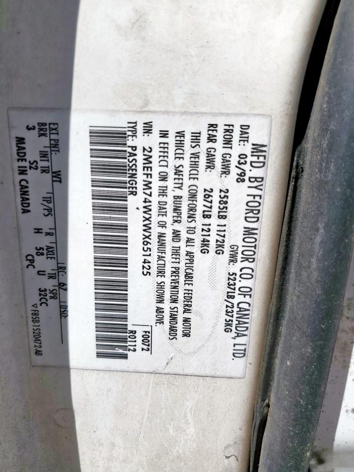 1998 Mercury Grand Marquis Gs VIN: 2MEFM74WXWX651425 Lot: 65161705