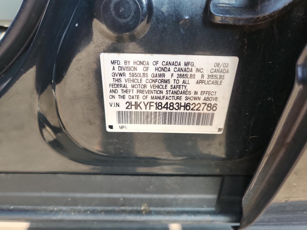 2003 Honda Pilot Ex VIN: 2HKYF18483H622786 Lot: 66686885