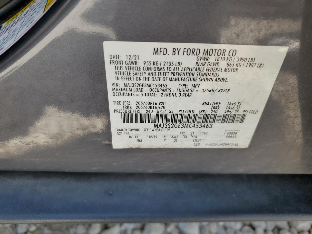 2021 Ford Ecosport Se VIN: MAJ3S2GE3MC453463 Lot: 62911005