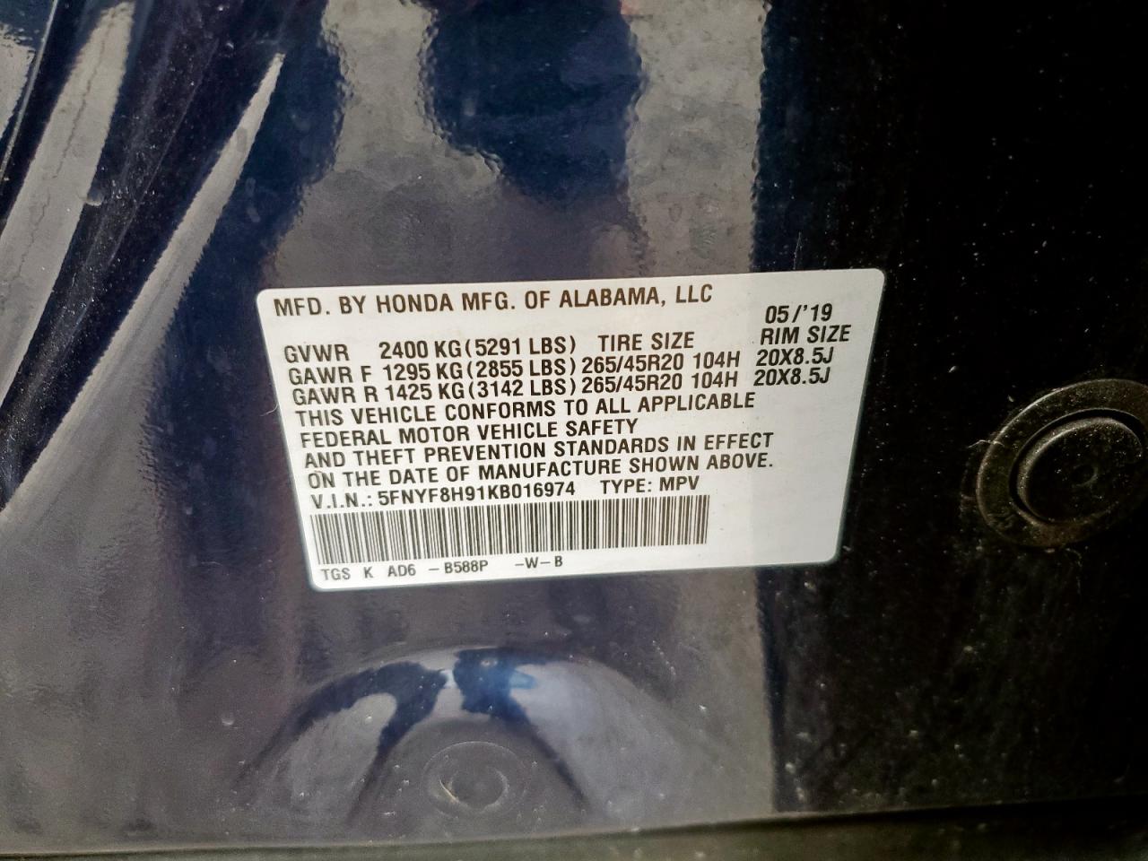 2019 Honda Passport Touring VIN: 5FNYF8H91KB016974 Lot: 65481635