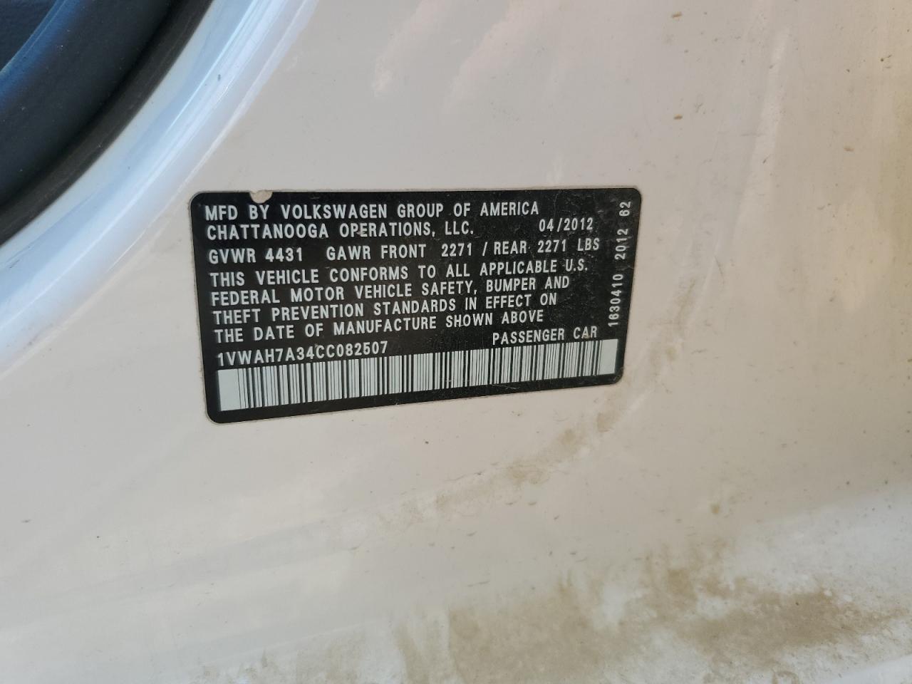 2012 Volkswagen Passat S VIN: 1VWAH7A34CC082507 Lot: 65336205