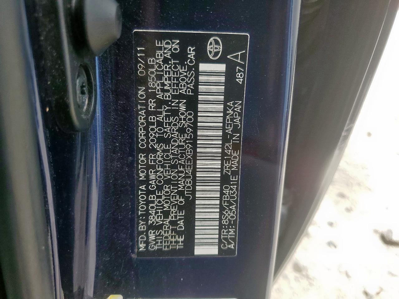 2011 Toyota Corolla Base VIN: JTDBU4EEXB9159700 Lot: 65333355