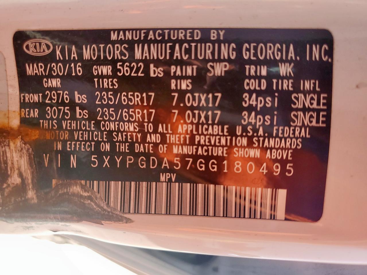 2016 Kia Sorento Lx VIN: 5XYPGDA57GG180495 Lot: 65474465