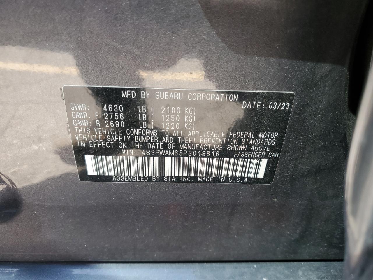 2023 Subaru Legacy Limited VIN: 4S3BWAM65P3013816 Lot: 65394765