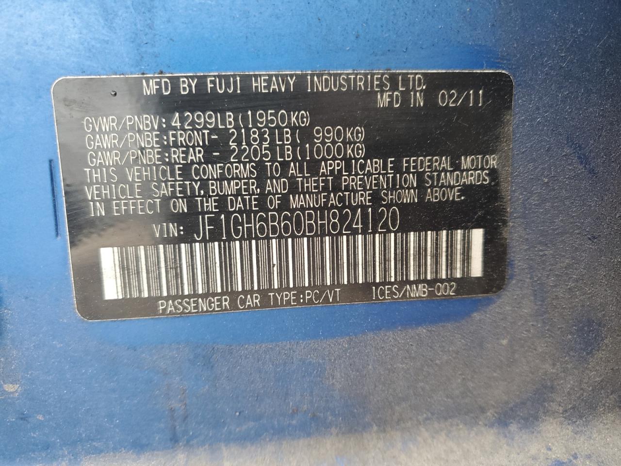 2011 Subaru Impreza 2.5I Premium VIN: JF1GH6B60BH824120 Lot: 64639755