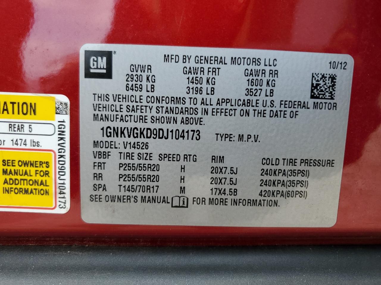 2013 Chevrolet Traverse Lt VIN: 1GNKVGKD9DJ104173 Lot: 64985955