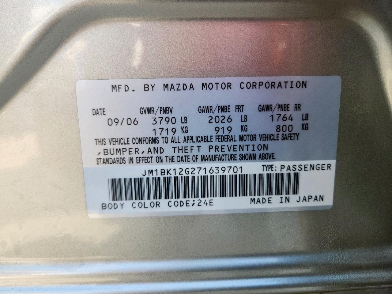 2007 Mazda 3 I VIN: JM1BK12G271639701 Lot: 64315595