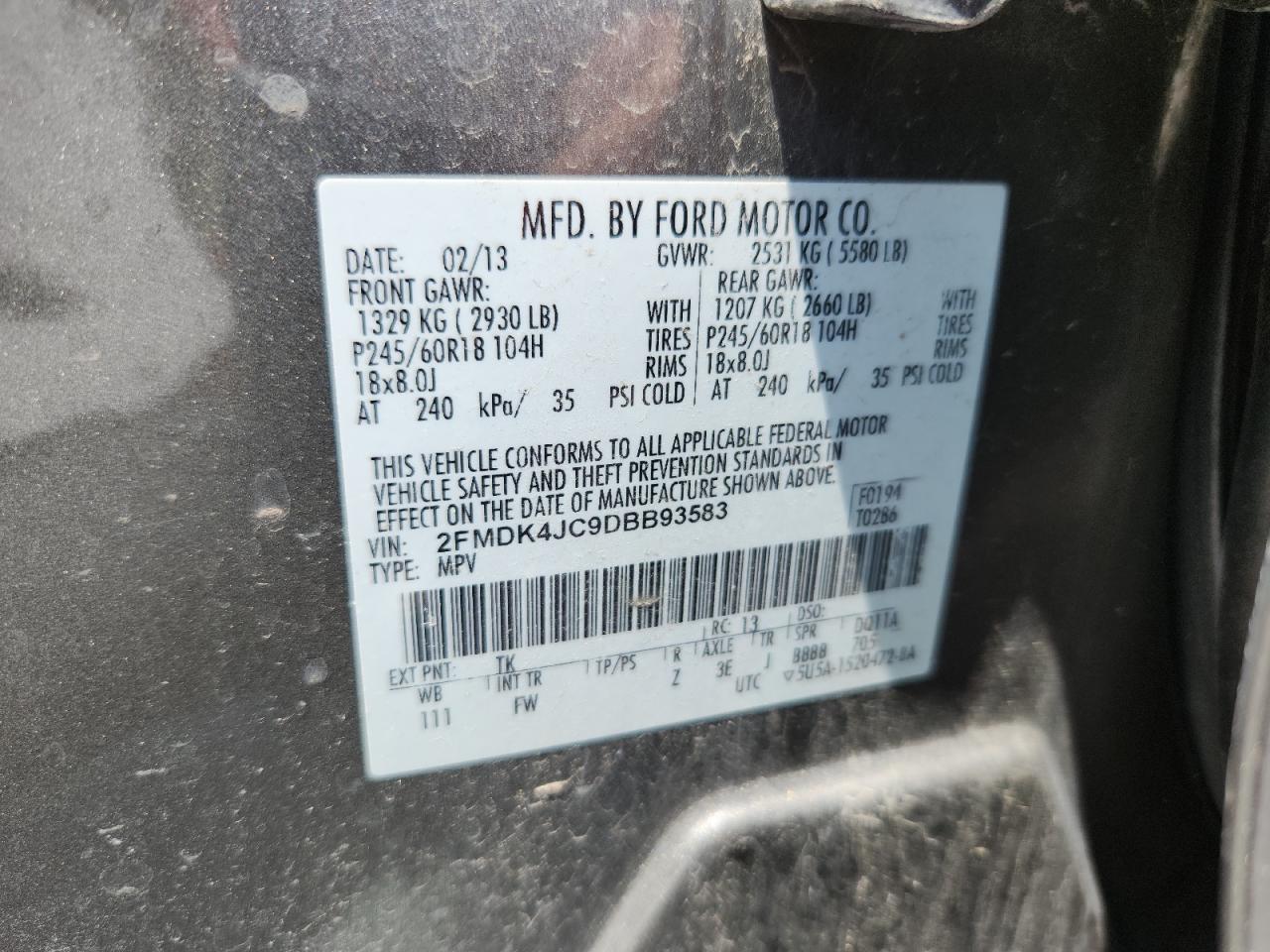2013 Ford Edge Sel VIN: 2FMDK4JC9DBB93583 Lot: 64662815
