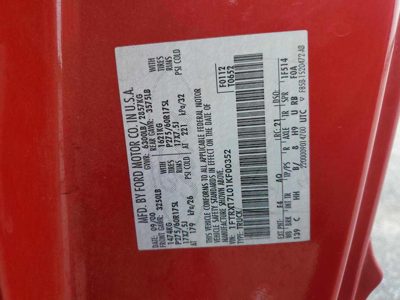 1FTRX17L01KF00352 2001 Ford F150