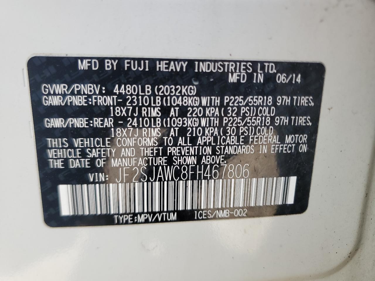 2015 Subaru Forester 2.5I Touring VIN: JF2SJAWC8FH467806 Lot: 62945725