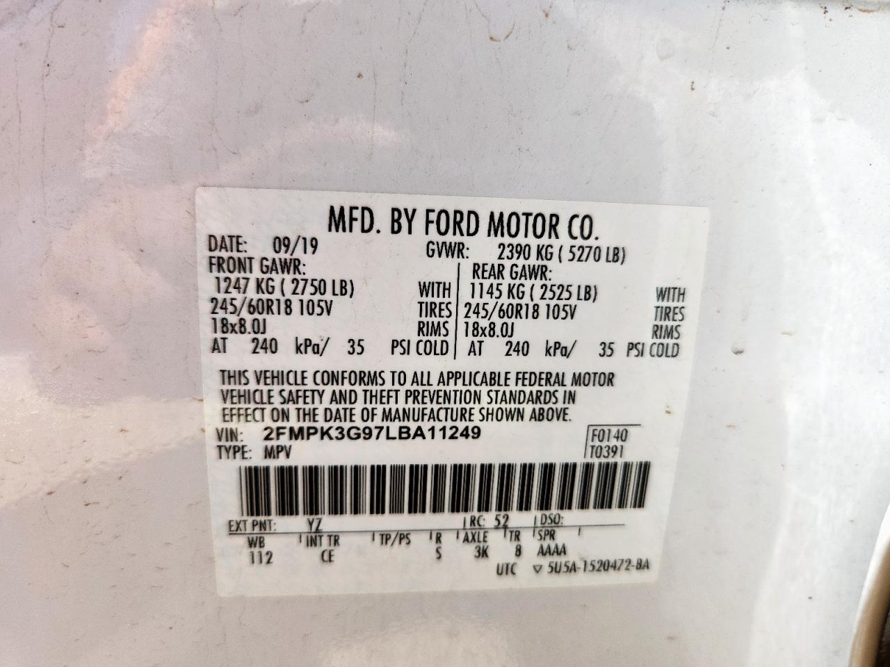 2020 Ford Edge Se VIN: 2FMPK3G97LBA11249 Lot: 64374695