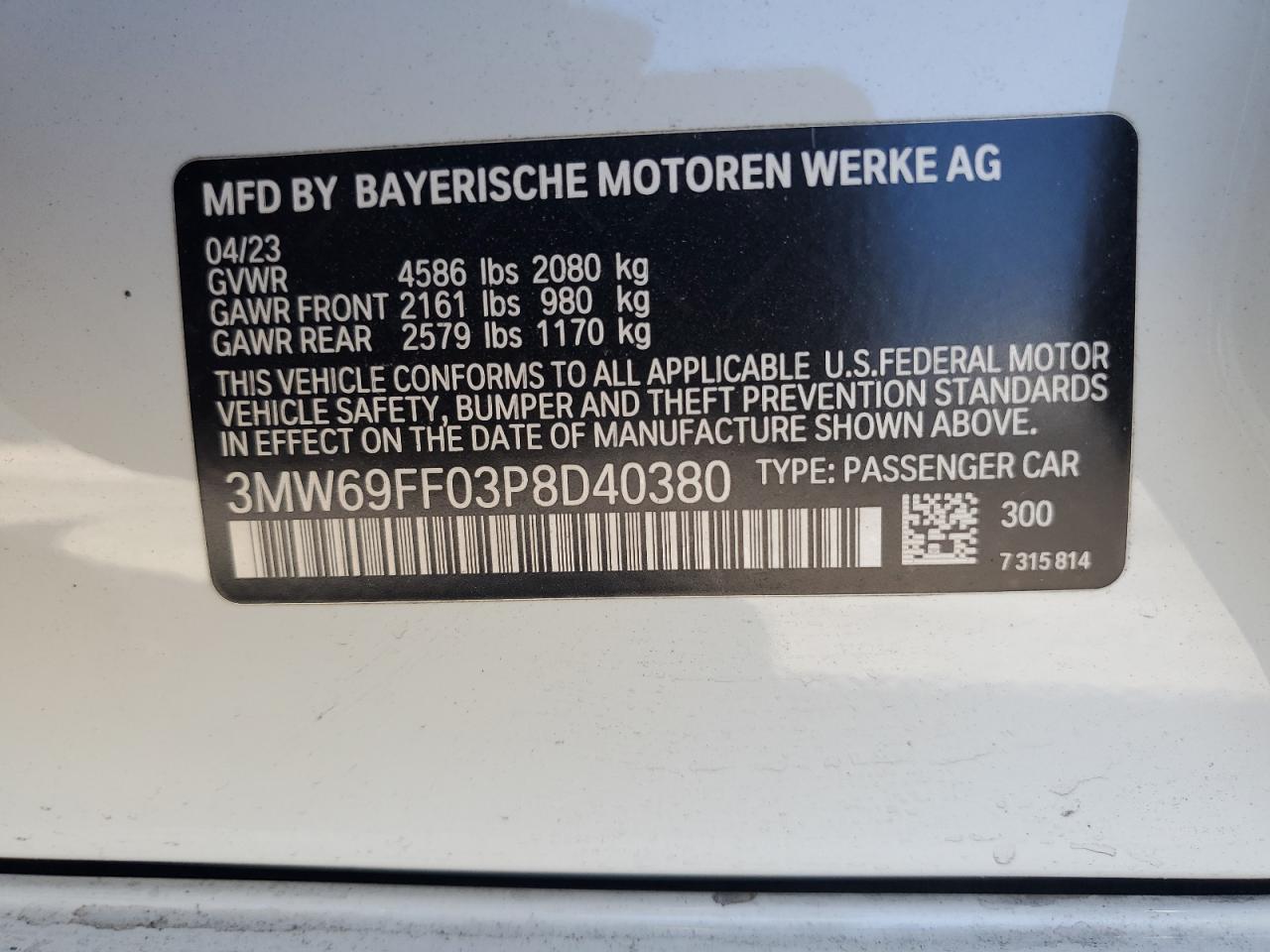 2023 BMW 330I VIN: 3MW69FF03P8D40380 Lot: 63326605